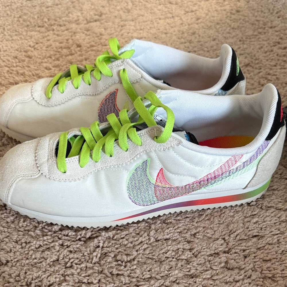 Nike Cortez “be True 2022” Unisex White Sneakers with Neon and Rainbow Accents